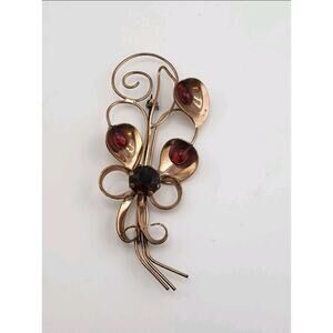 Vintage 1940s Calla Lily Floral Brooch Red Glass Stones Gold Tone Retro Pin 3.5"